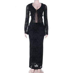 Long sleeve v neck lace self tie ruffle maxi skirt set
