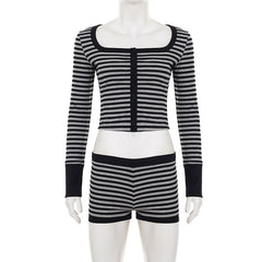 Long sleeve striped square neck low rise pant set