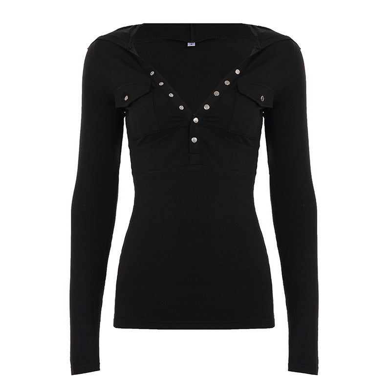 V neck button long sleeve hoodie solid top