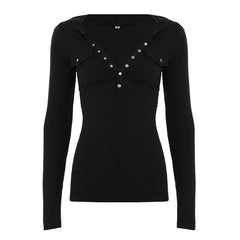 V neck button long sleeve hoodie solid top