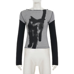 Striped long sleeve kitty pattern stitch top