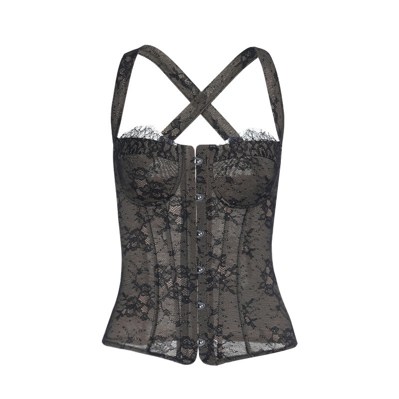 Cross back lace button backless cami top