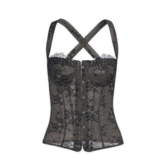 Cross back lace button backless cami top