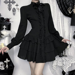Bowknot long sleeve ruffle solid mini dress