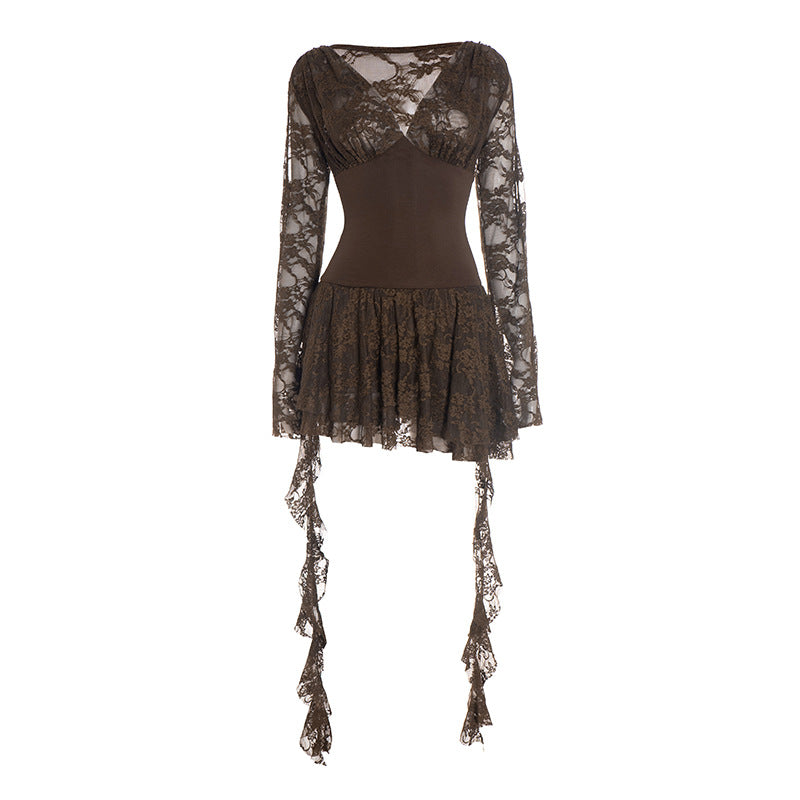 Lace long sleeve v neck hollow out cut out mini dress