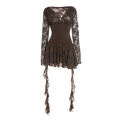 Lace long sleeve v neck hollow out cut out mini dress