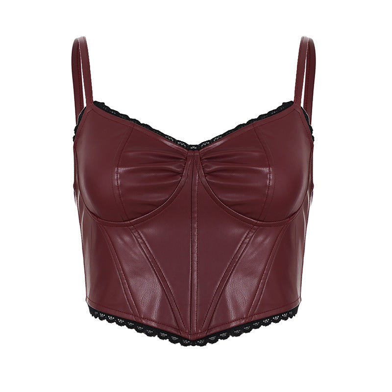 Lace hem v neck zip-up PU leather cami top