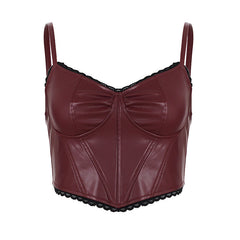 Lace hem v neck zip-up PU leather cami top