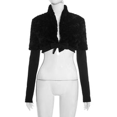 Fluffy long sleeve v neck self tie solid top
