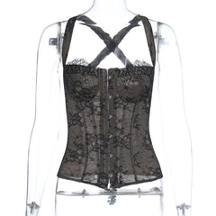 Cross back lace button backless cami top