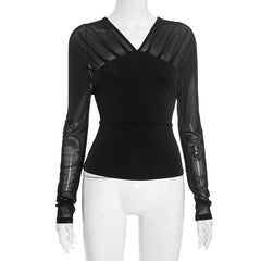 Mesh patchwork long sleeve v neck solid top