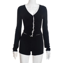 Lace hem long sleeve v neck button low rise pant set