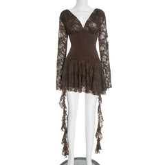 Lace long sleeve v neck hollow out cut out mini dress
