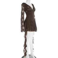 Lace long sleeve v neck hollow out cut out mini dress