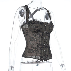 Cross back lace button backless cami top