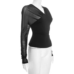 Mesh patchwork long sleeve v neck solid top
