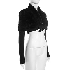 Fluffy long sleeve v neck self tie solid top