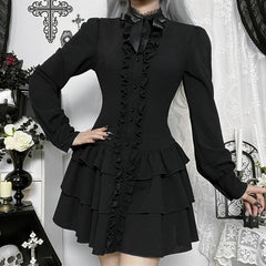 Bowknot long sleeve ruffle solid mini dress