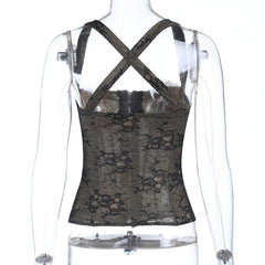 Cross back lace button backless cami top