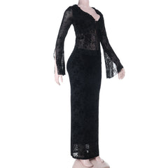 Long sleeve v neck lace self tie ruffle maxi skirt set