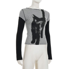 Striped long sleeve kitty pattern stitch top