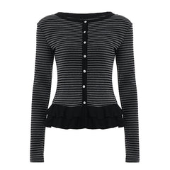 Crewneck button long sleeve ruffle striped top