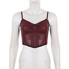 Lace hem v neck zip-up PU leather cami top