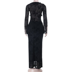 Long sleeve v neck lace self tie ruffle maxi skirt set
