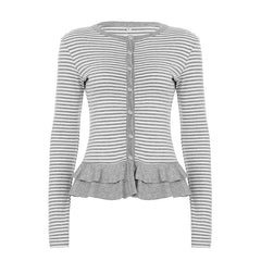 Crewneck button long sleeve ruffle striped top