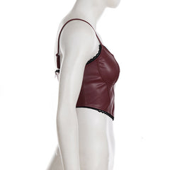 Lace hem v neck zip-up PU leather cami top