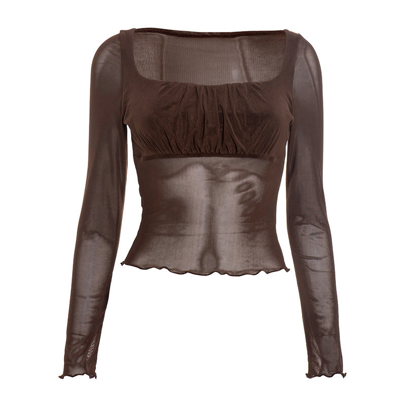 Square neck ruffle long sleeve ruched mesh top