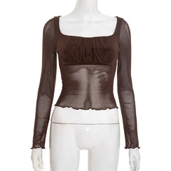 Square neck ruffle long sleeve ruched mesh top