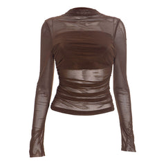 Ruched mesh long sleeve crewneck top