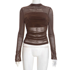 Ruched mesh long sleeve crewneck top