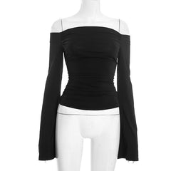 Off shoulder long flared sleeve ruched top