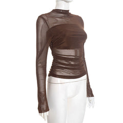 Ruched mesh long sleeve crewneck top