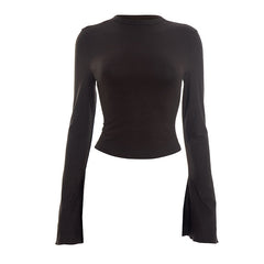 Long flared sleeve crewneck solid crop top