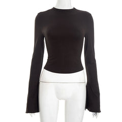 Long flared sleeve crewneck solid crop top