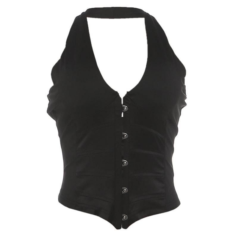 Halter v neck backless button top