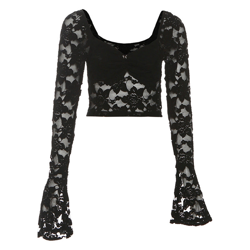 Long flared sleeve lace ruched crop top