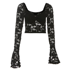Long flared sleeve lace ruched crop top