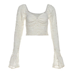 Long flared sleeve lace ruched crop top