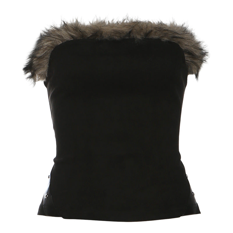 Fluffy lace up tube top