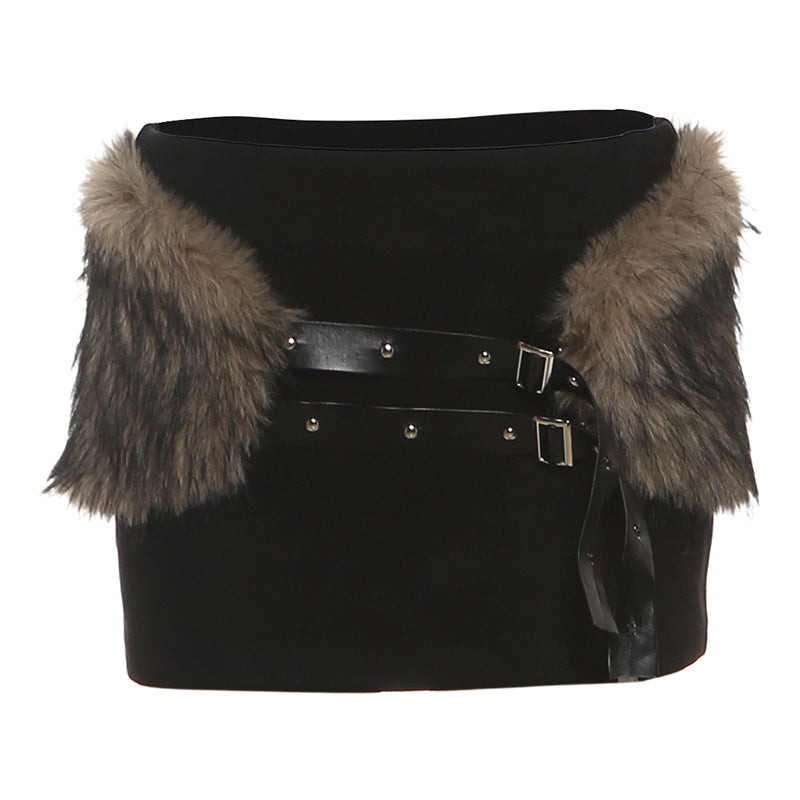Fluffy slit buckle mini skirt