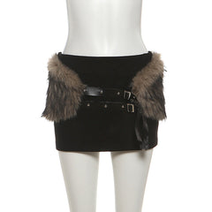 Fluffy slit buckle mini skirt