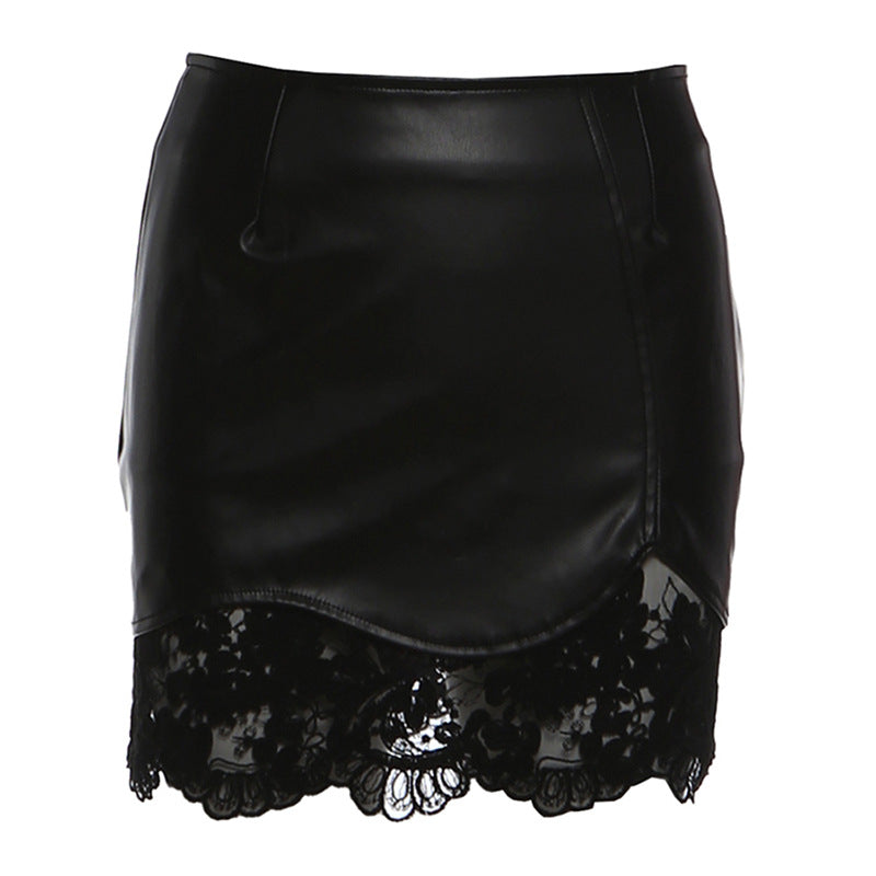 PU leather lace hem zip-up mini skirt