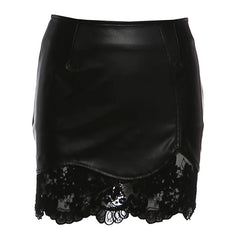 PU leather lace hem zip-up mini skirt