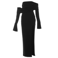 Off shoulder high slit ruched maxi dress