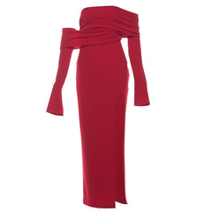 Off shoulder high slit ruched maxi dress