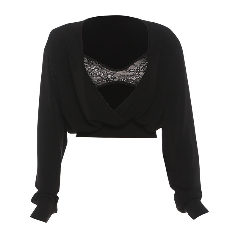 Long sleeve lace v neck cami crop 2 piece top